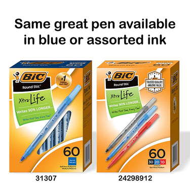 BIC Round Stic Xtra-Life Ballpoint Pen, Medium Point, Black Ink, 60/Pack (GSM609-BLK)